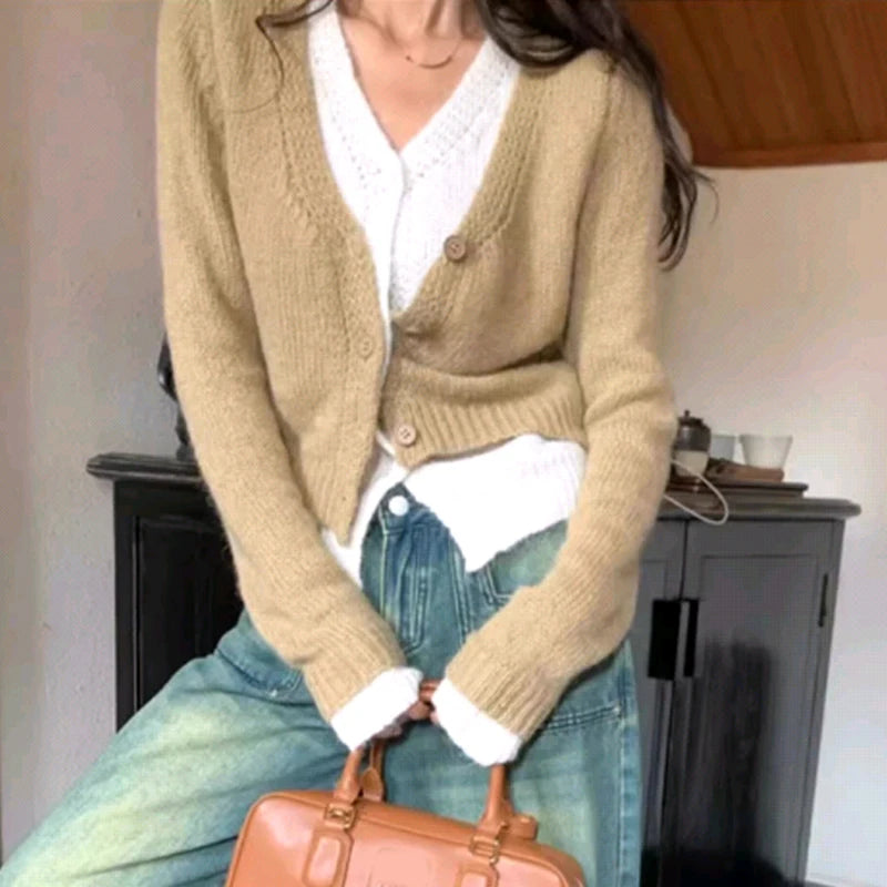 Autumn Fashion V-neck Cardigan Knitwear Sweater 2025 Elegant Casual Korean Style Women Coats Long Sleeve Slim Fit Knitted Top