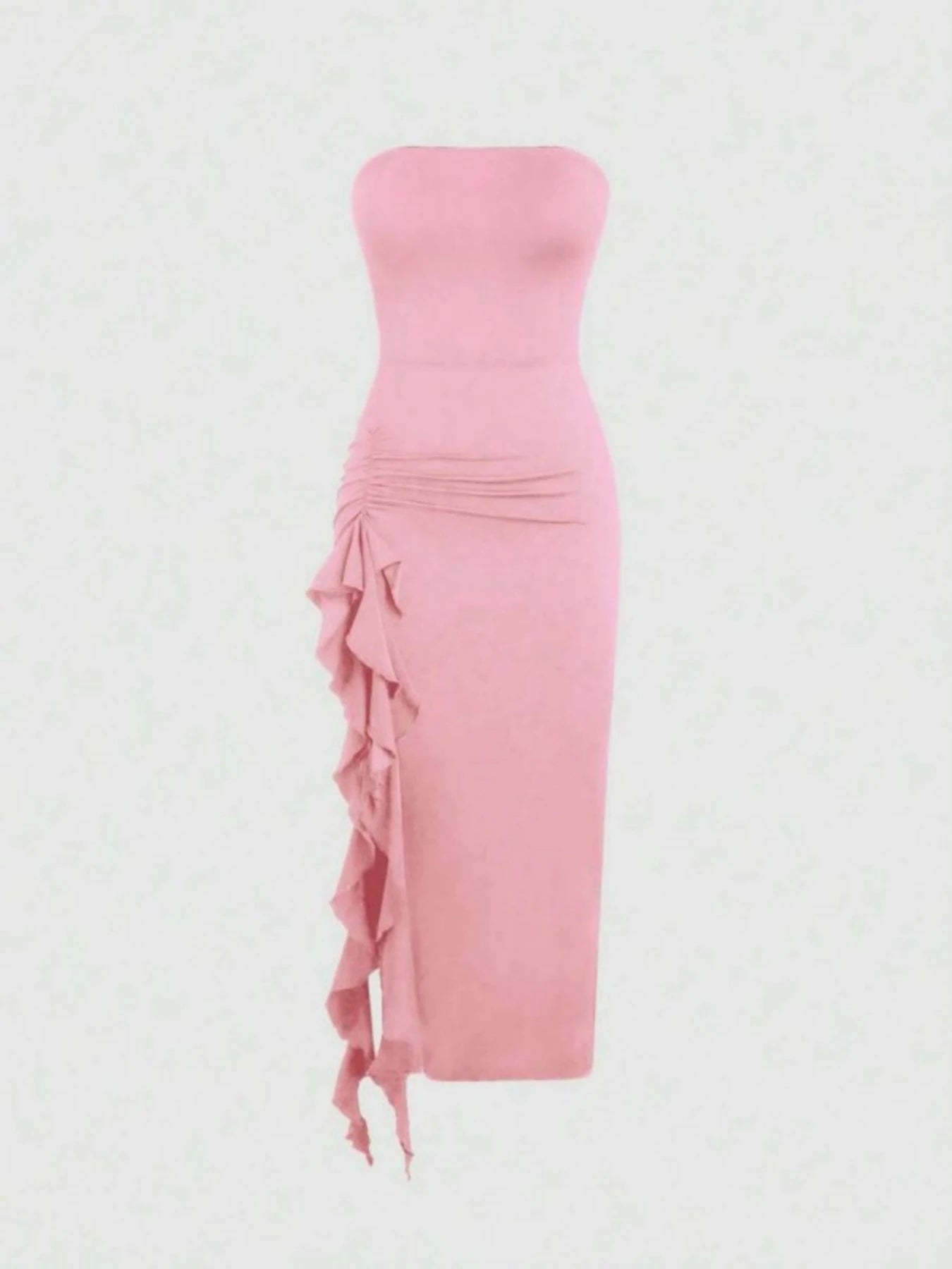 Women New Arrival Summer Knitted Pink Strapless Slim-Fit Midi Dress Side Pleated Ruffles Side Slit Sexy Backless Bodycon Dress
