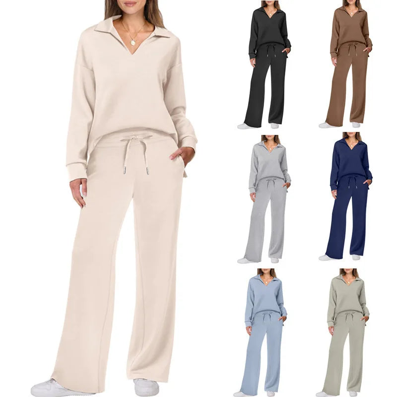 Women's Long-Sleeved Drawstring Trousers Suit Solid Color Casual Commuter Fashion Autumn Winter New 2025