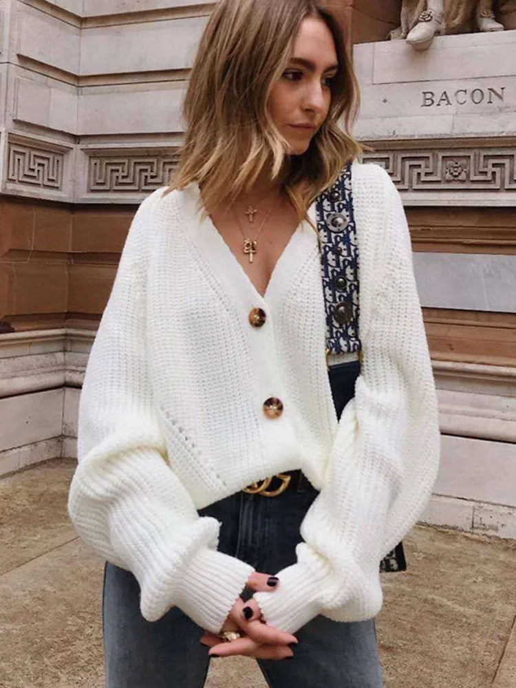 New Fashion Puff Sleeve Knitted Cardigan Sweater Women Autumn Winter Long Sleeve Botton Sweater Coat Casual Loose Winter Clothes