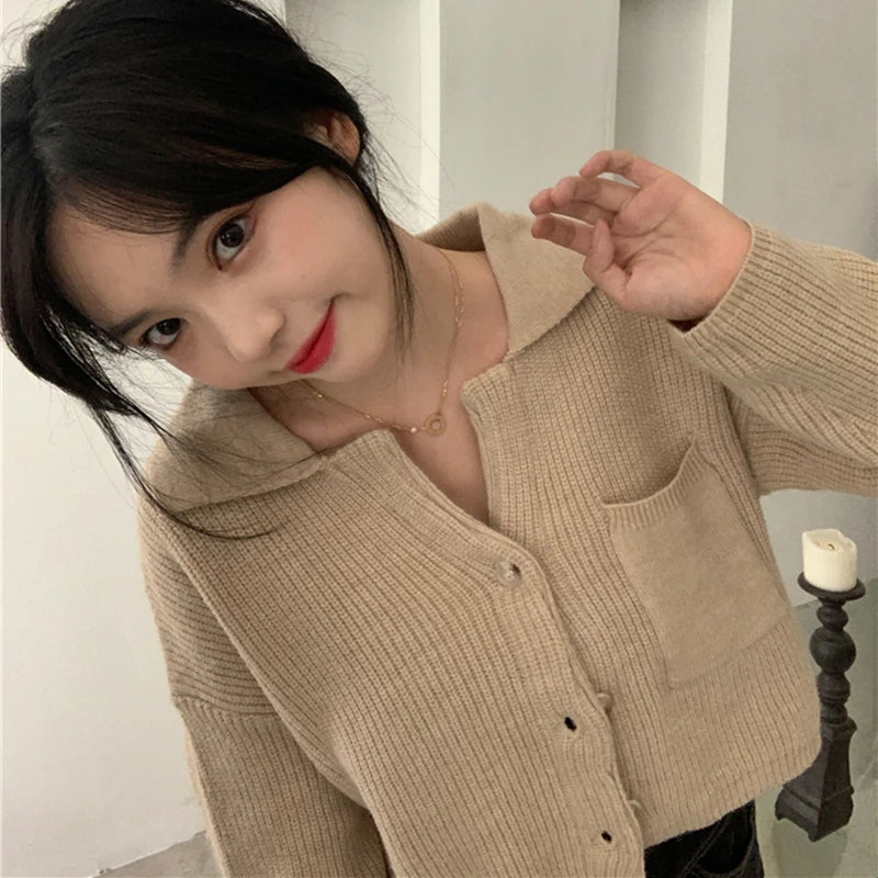 Fashion Loose Casual Simple Elegant Autumn Winter Knitted Cardigan Short Sweater Women Long Sleeve Jackets New Solid Short Top