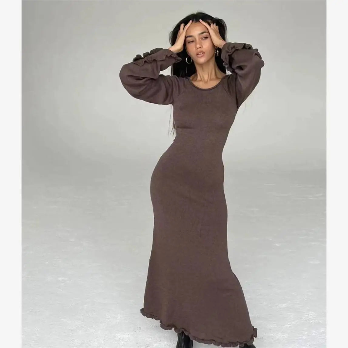 Sexy Bal Bell Sve Knitted Dr High Waist A-Line Long Sve Maxi Dr round Ne Single Piece Summer 2023 Pure Color