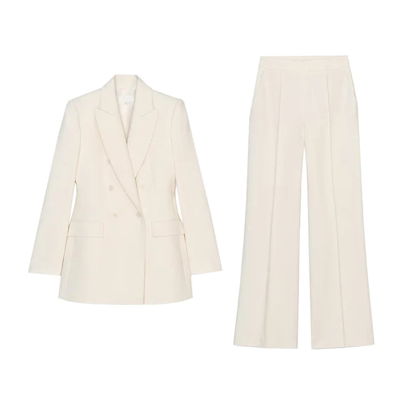 Double-Breasted Long-Sve Suit Jaet Decorative Stitch Casual High-Waist Wide Leg Pants Polyester Fiber Spring 2025