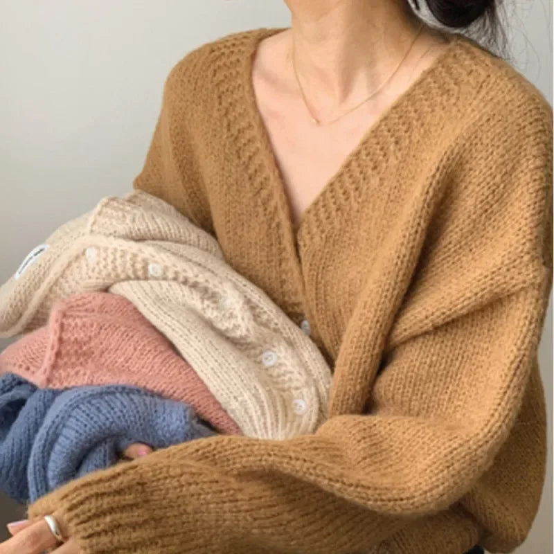 2025 Autumn Winter New V-neck Cardigan Women's Long Sleeve Sweater Fashion Elegant Casual Knitwear Solid Knitted Top Jacket