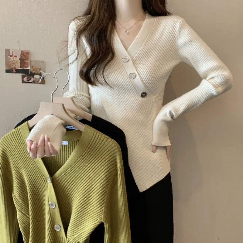 Autumn Women Long Sleeve V-neck Knit Pullover Sweater Winter Button Slim Fit Solid Color Knitted Top Fashion Elegant Casual Tops