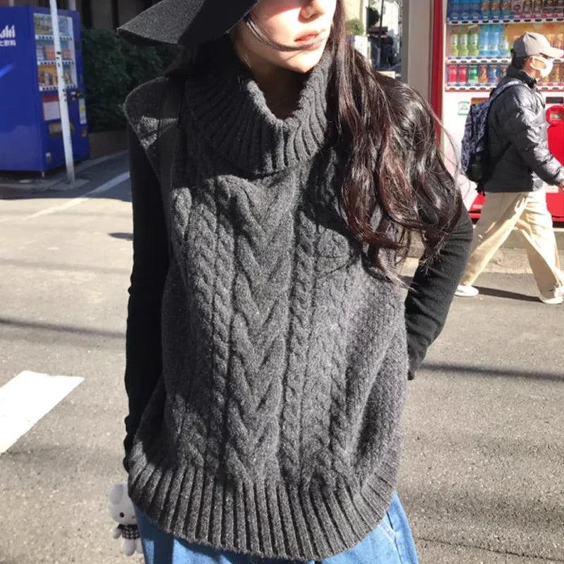 2025 Autumn Casual Solid Loose Knitted Top Winter Turtleneck Sleeveless Knitted Vest Women's New Elegant Knitwear