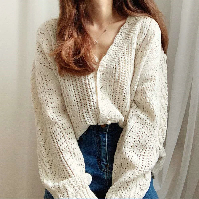 Autumn Spring Women V-neck Elegant Casual Knitted Top Long Sleeve Hollow Out Sweater Korean Style Knitwear 2025 Fall