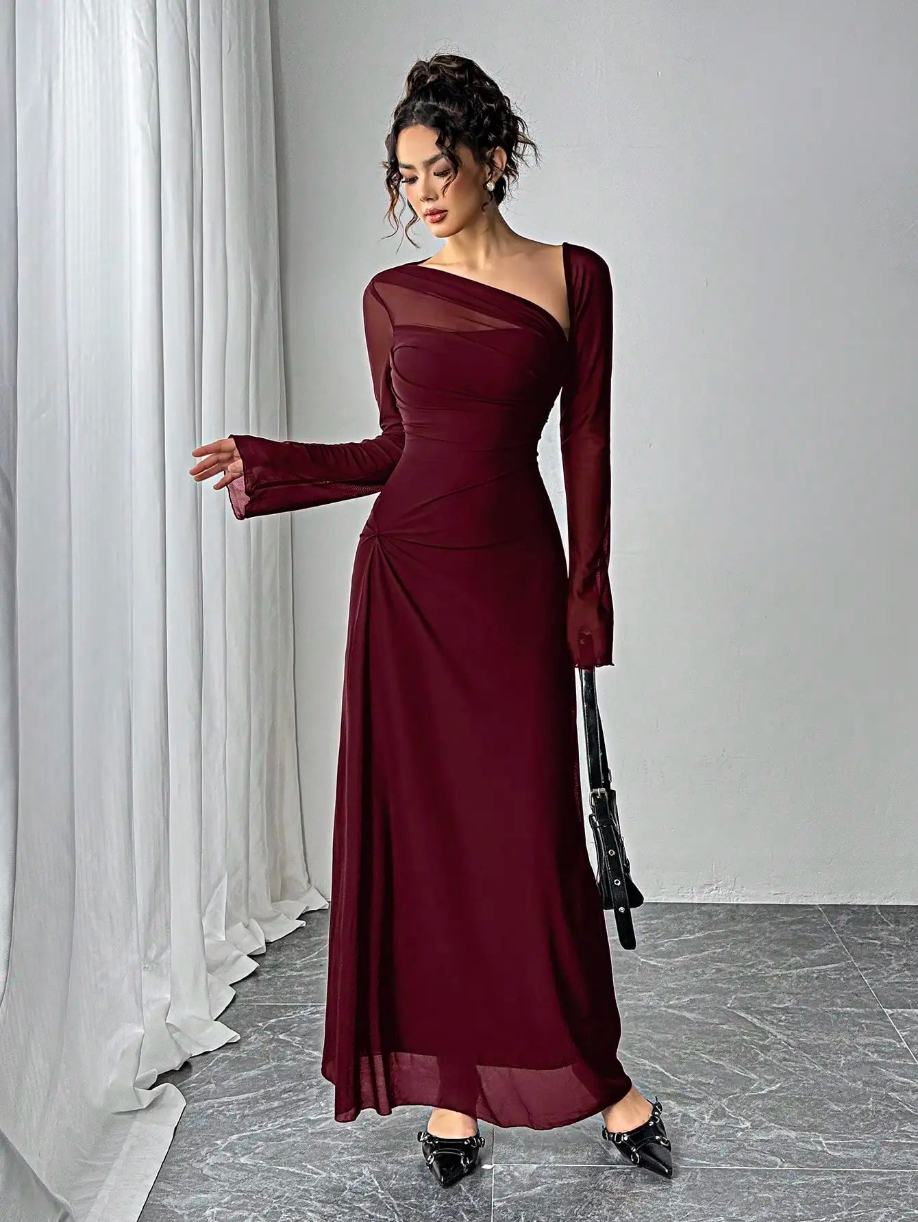 Cross-border 2025 Spring Summer Gauze Explosion Slim-fit High Irregular Oblique Shoulder Ultra Long Dress