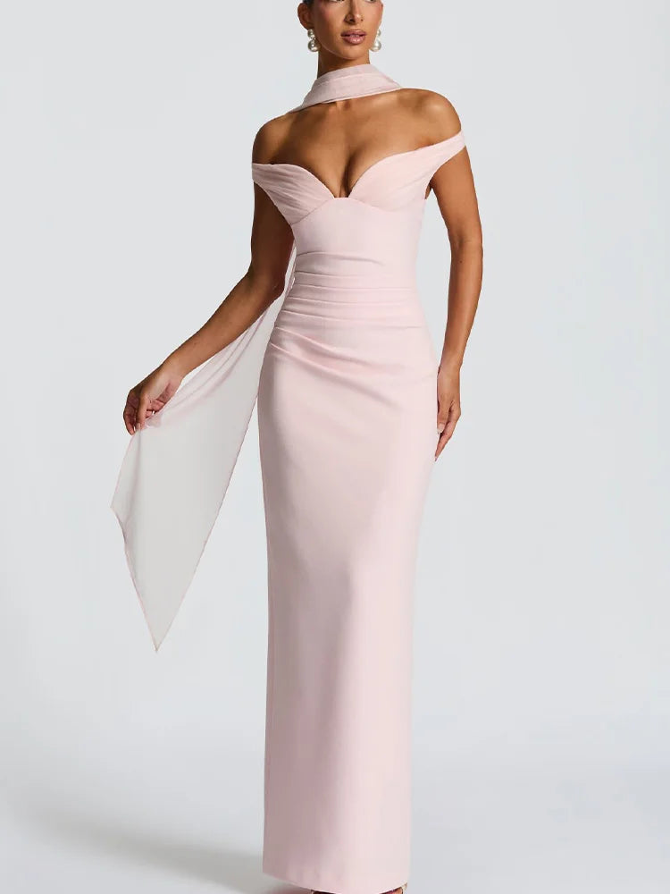 2025 women new Sleeveless Deep V-neck Bodycon Dress Trendy Off Shoulder Ribbon Wrap Hips Dress Sexy Hot Girl Solid Color Gown
