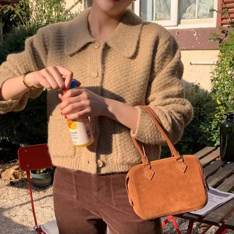Autumn New Loose Fit Outerwear Korean Fashion Lapel Sweater Jacket for Women Button Long Sleeve Knitted Cardigan with Pockets