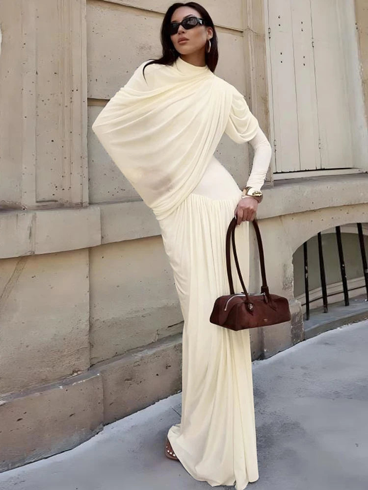 Weird Puss Elegant Shawl Dress Women Classic Basics Ruched O-Neck Full Sleeve Chic Stretch Skinny Party Banquet Activity Outfits