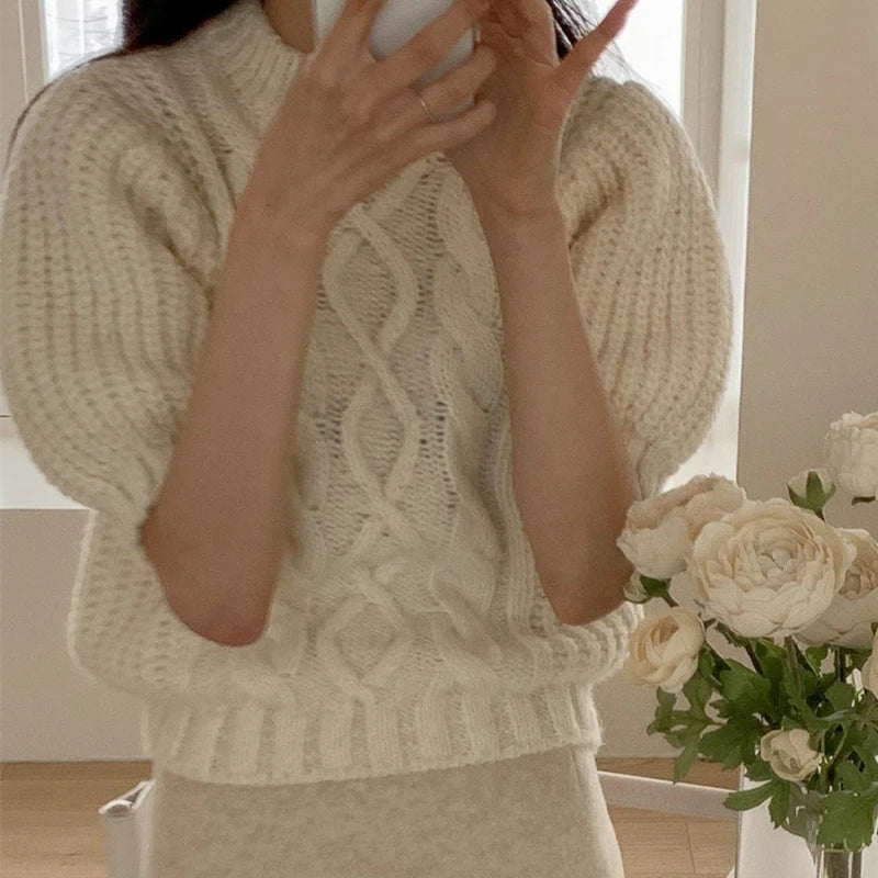 Women Crew Neck Puff Short Sleeve Sweater 2025 Gentle Retro Twist Sweet Jumper Casual Solid Loose Knitwear Tops Autumn Clothing