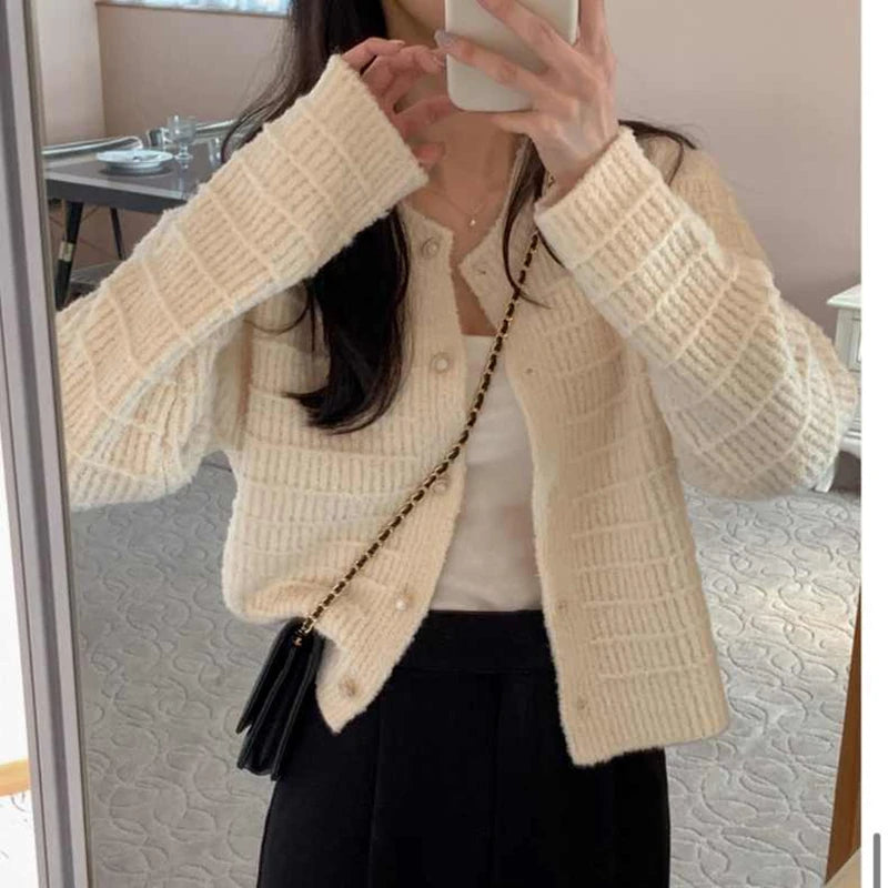 Sweet Pink Small Fragrance Retro Short Knitted Cardigan for Lady Spring Autumn Elegant Korean O Neck Women's Long Sleeve Jacket