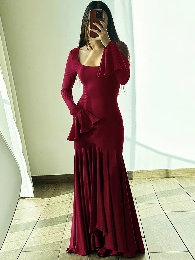 Weird Puss Classic Dress Women Square Collar Patchwork Ruched Tierred Flare Sleeve Elegant Prom Stretch Skinny Fishtail Bodycon