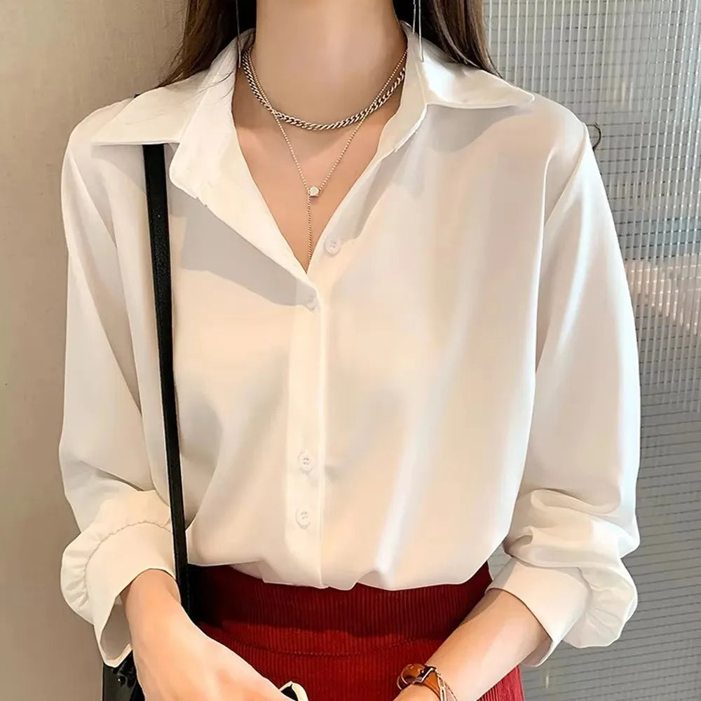 Spring and Autumn Casual Chiffon Shirt Women's Office White Shirt Fashion Women's Long Sleeve Loose Solid Color Bottom Top