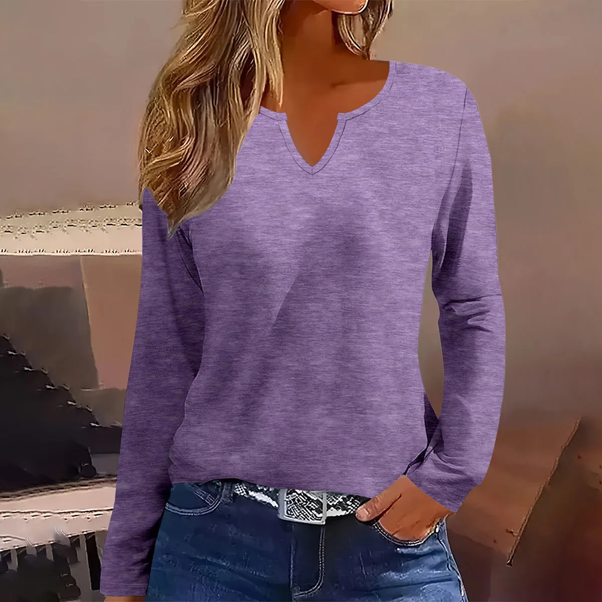 2025 Women's Casual V-neck Long Sleeve Solid Color Top