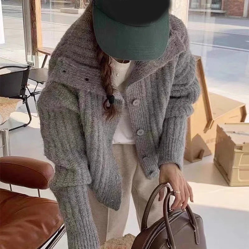 Winter Solid Casual Long Sleeve Office Knitwear Turtleneck Loose Cardigan Women Sweater Pit Strip Thick Knitted Simple Jackets
