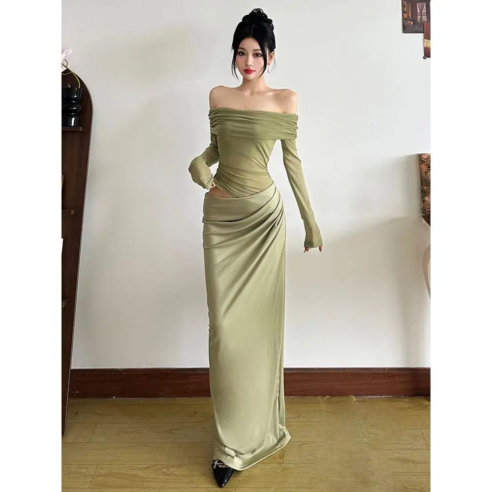 Ele  Fairy Sle Long Sve Me Splice Hollow out One oulder Dr Women's Maxi Dr Summer Season Polyester Fiber
