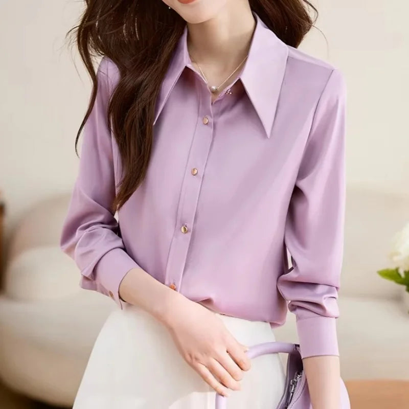 2025 New Purple Satin Women's Blouses Long Sleeve Turn-down Collar Single Breasted Casual Elegant Office Lady Shirts Female
