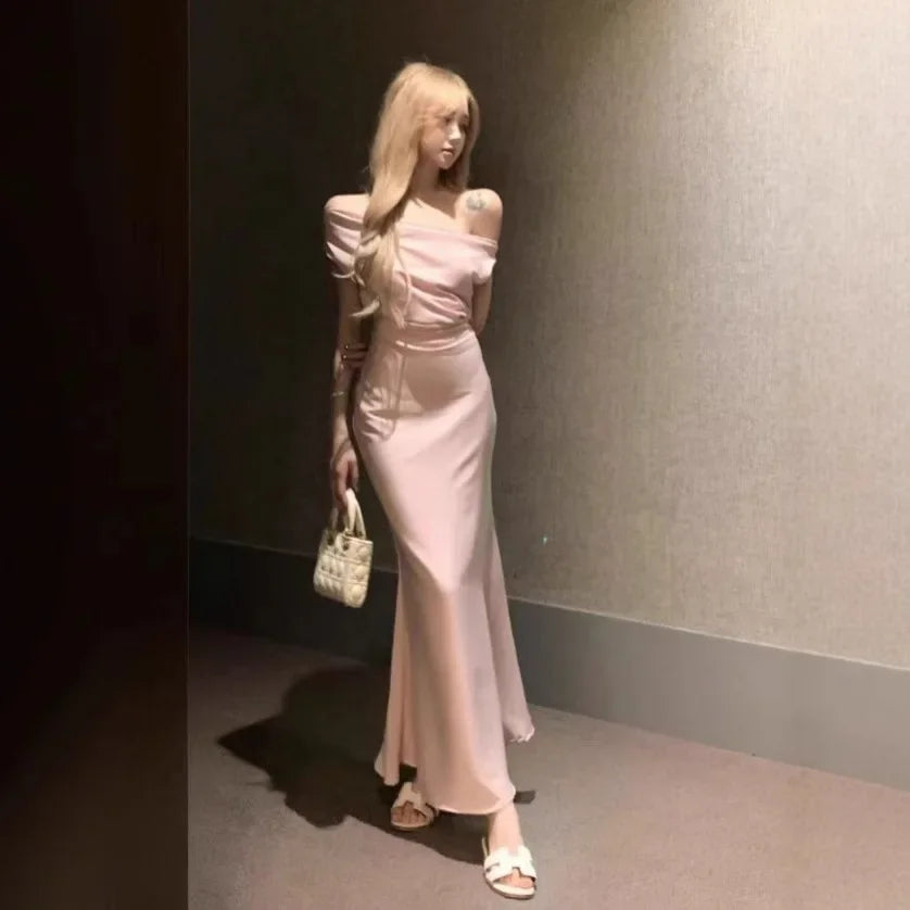 French Simple Elegant Dress Women Ladylike Shoulder Slanting Neck Opening Waist Inward Fish Tail Wrap around Long Dress Gown