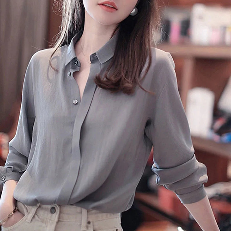 Women Spring Autumn Style Blouses Shirts Lady Casual Long Sleeve Turn-down Collar Solid Color Blusas Tops WY1038