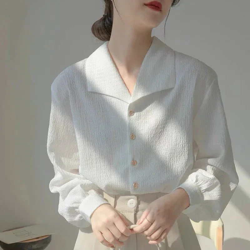 Ladies' spring and autumn white shirt, women's textured design niche long-sleeved open-neck pure color elegant top