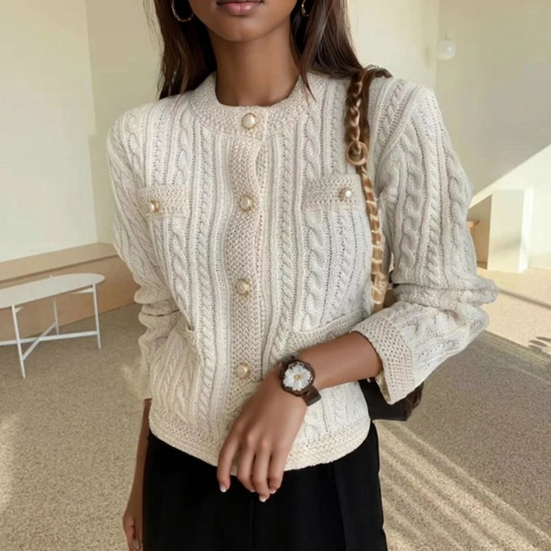 Autumn/winter Korean Round Neck Twist Cardigan Sweater Outer Wear Elegant Knitted Long Sleeve Jackets Loose Casual Office Coats