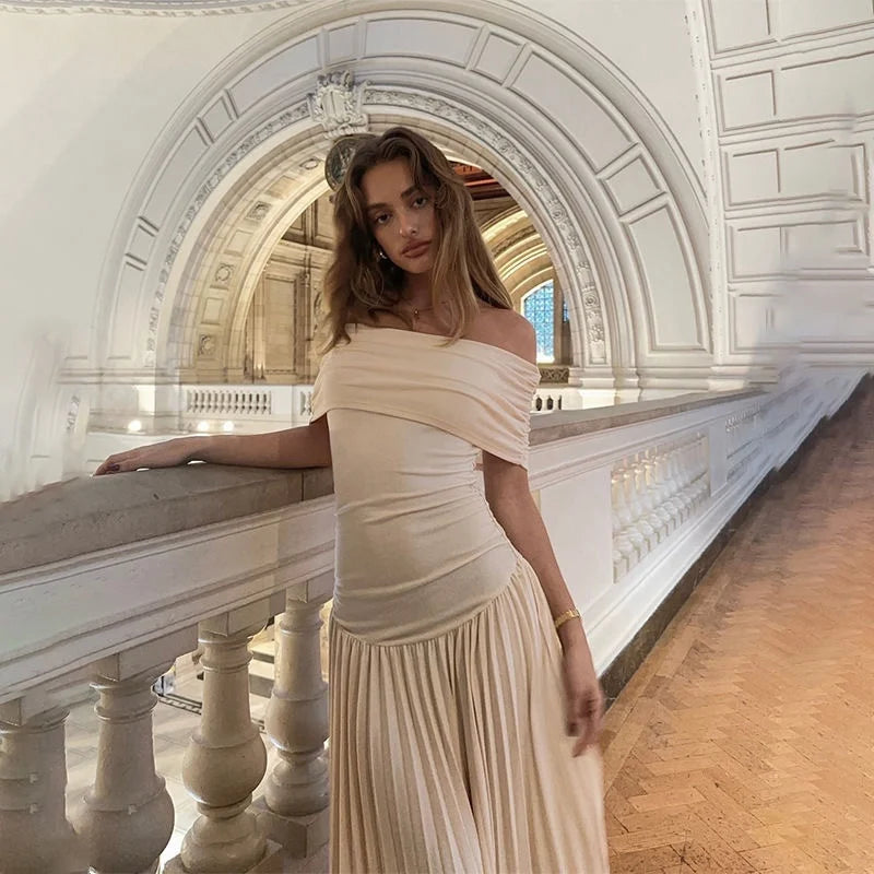 Summer Women Dress one Shoulder Solid Elegant Temperament Slim Fit Pleat Strapless Design French  Long Skirt Slim Fashion Retro