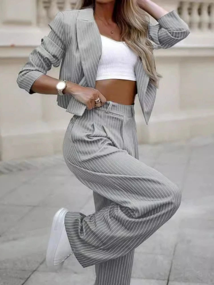 2024 European and American foreign trade women's clothing temperament casual striped short lapel suit straight pants suit