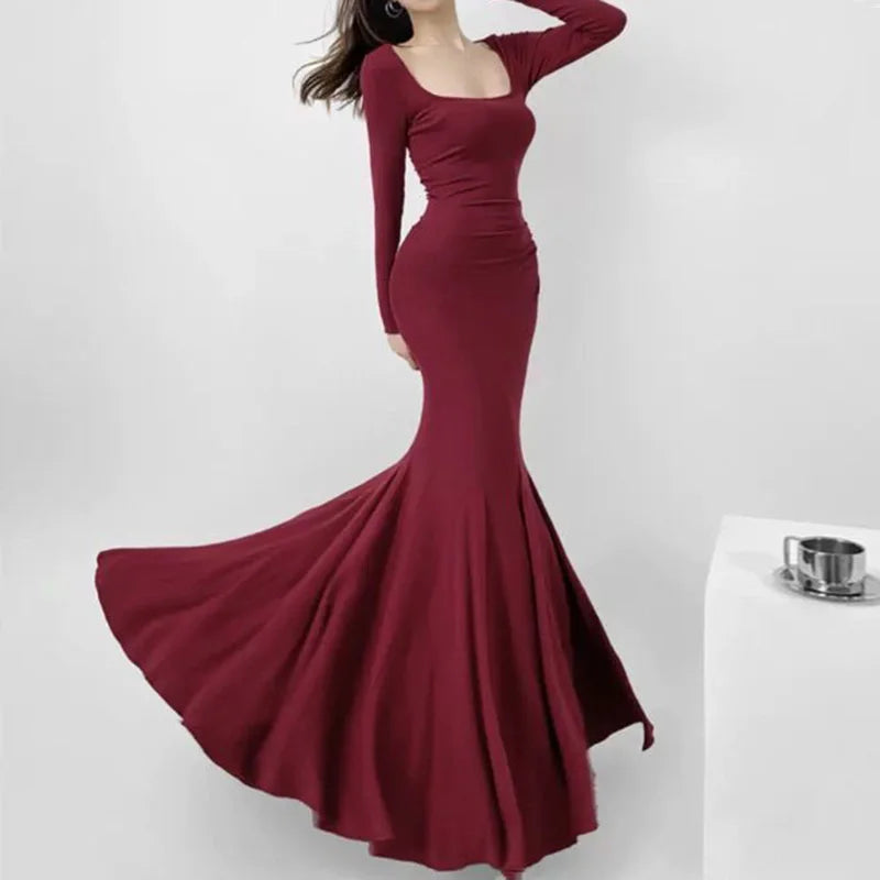Dancing Party Trumpet 300 Pounds Plus Size Women's Clothing Solid Slim Square Collar Luxury Long Sleeve Elegant Midi Dresses New