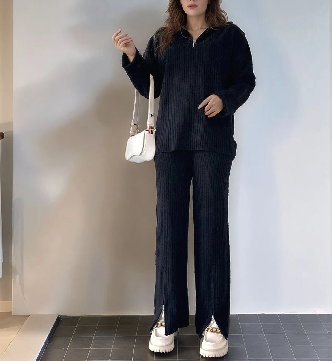2025 European and American Cross border Autumn and Winter New Women's Solid Color Zipper Knitted Set High Collar Pit Strip Home