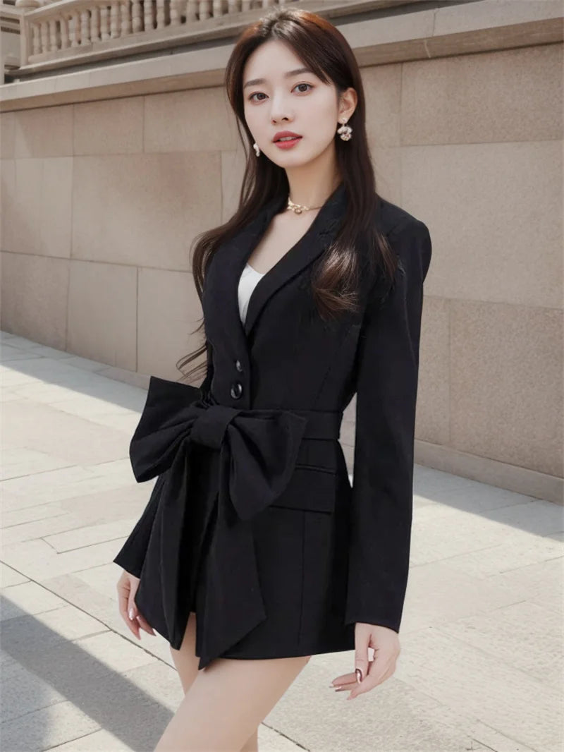 2025 Spring New Hepburn Style Detachable Bow Tie Suit Fashion Korean Drama Dress Up Miss Cute Suit