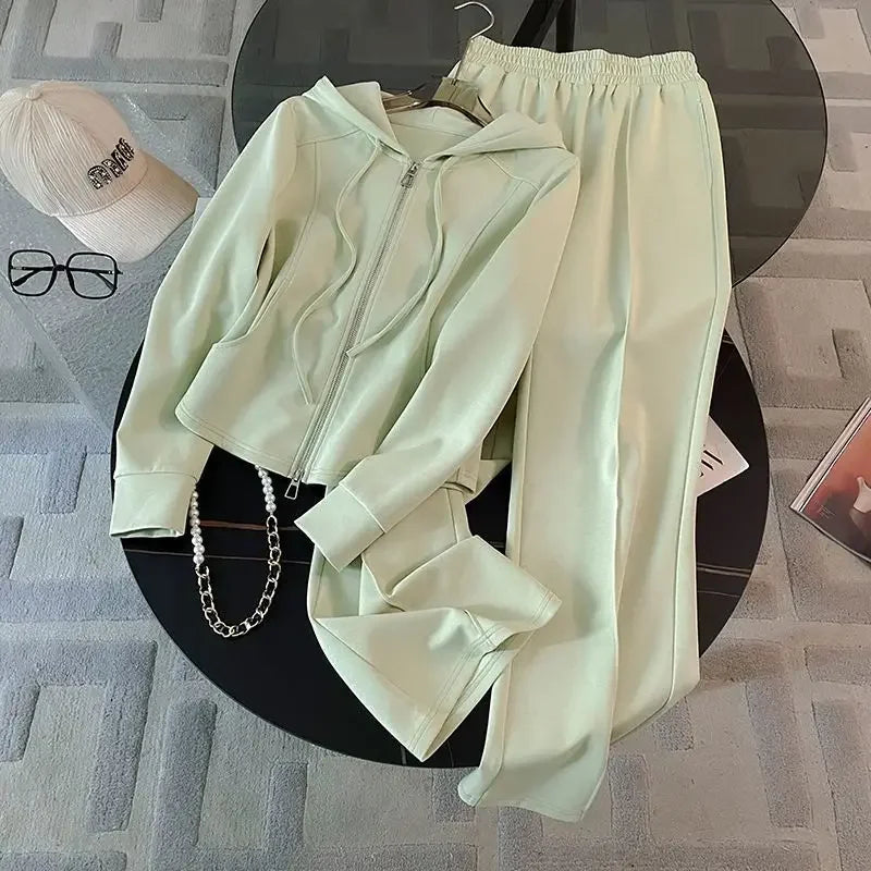 Salt Series Green Casual Sports Set Women's Autumn Fashion Slimming Shoulder Hoodie Wide Leg Pants Two Piece Set