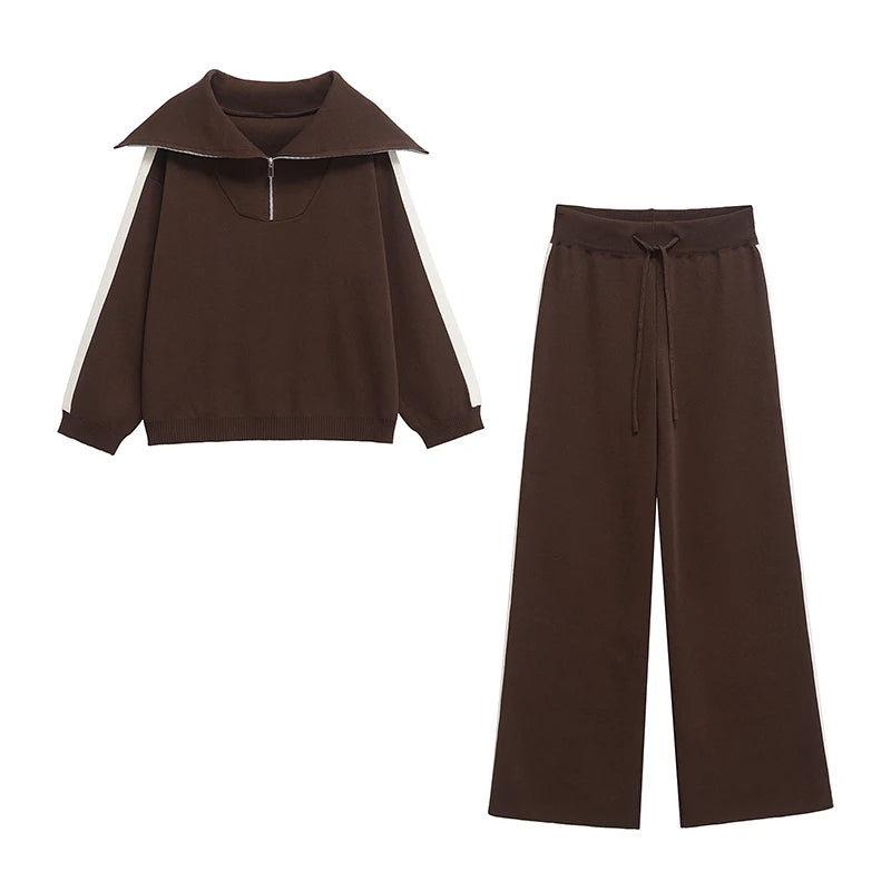 Willshela Women Fashion 2 Piece Set Brown Pullover Sweatshirts & Vintage High Elastic Waist Trousers Feamle Chic Lady Pants Sets
